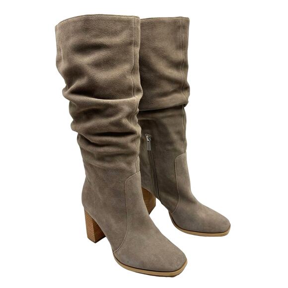Splendid | Gloria Taupe Suede Leather Block Heel Square Toe Scrunch Riding Boots - Picture 1 of 13